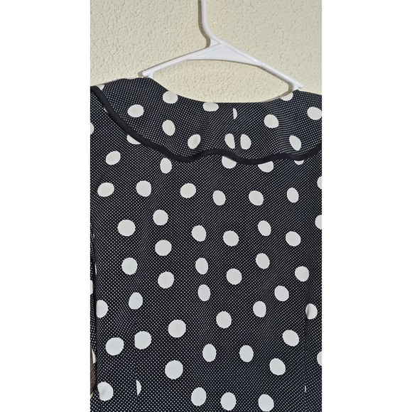 Axcess Black Polka Dot Wrap Blouse Ruffle Sz M Frilly Flirty Office Form Fitting - Picture 3 of 15